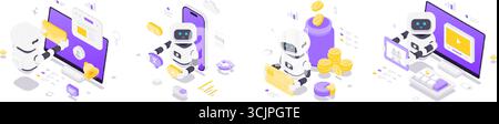 Isometric vector illustration depicting artificial intelligence robots engaged in document management, language translation, financial operations and Stock Vector