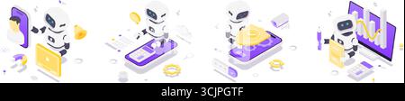 Isometric vector illustration showing artificial intelligence robots working in personalized advertising, digital assistance, data security, and onlin Stock Vector