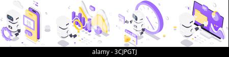Isometric illustration featuring futuristic robots interacting with technology elements for image generation, time management and secure information s Stock Vector