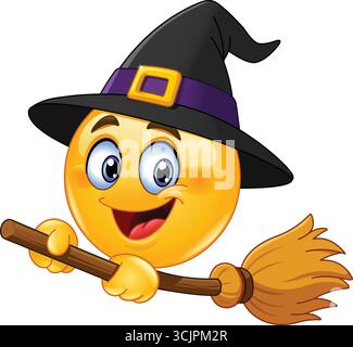 Emoji emoticon witch flying on a broom with a happy face Stock Vector