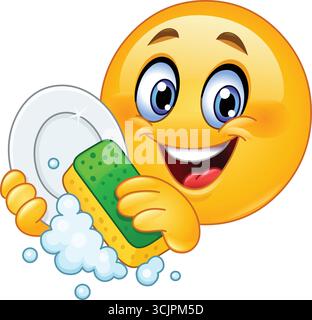 Emoji emoticon washing a dish with sponge and soap Stock Vector