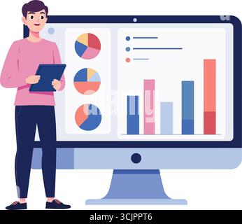Marketing specialist analyzing campaign data on a computer screen with charts and graphs. Vector illustration. Stock Vector