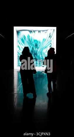 Izmir, Turkey. 07th Sep, 2025. An immersive art exhibition by world-renowned new media artist Refik Anadol, featuring his works “Perception of Healing” and “Machine Dreams: Aegean.” Visitors are silhouetted against large-scale digital installations, where artificial intelligence transforms human brain data and Aegean Sea environmental data into vibrant, dynamic visual experiences. The exhibition highlights the intersection of art, science, and technology, creating empathy and a sensory connection with nature. Credit: İdil Toffolo/Ģ����ý Live News Stock Photo