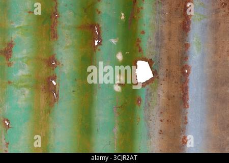 heavily weathered corrugated metal sheet with holes isolated white background, textured surface with vertical ridges large areas of rust, with faded Stock Photo