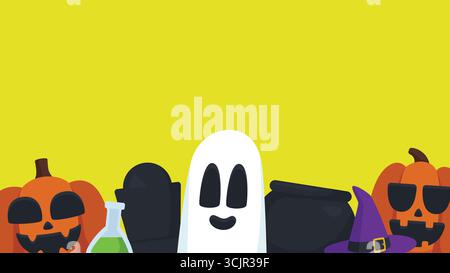 Cute Halloween copy space background featuring seasonal elements like cauldron, pumpkin, ghost, witch hat, and tombstone on bright yellow Stock Vector