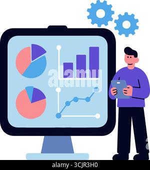 An individual examines a vibrant dashboard on a large monitor, featuring pie charts, bar graphs, and line charts. The focus is on data analysis, digit Stock Vector