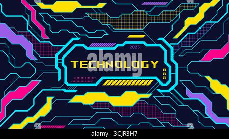 Modern futuristic technology background with neon circuit lines and digital elements Stock Vector