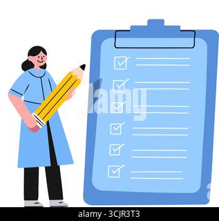 A woman holding a giant pencil next to a large checklist with all items checked. Represents task completion, productivity. Stock Vector
