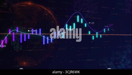 Displaying market chart on dashboard, with candlestick bars, curved line and glowing sphere Stock Photo