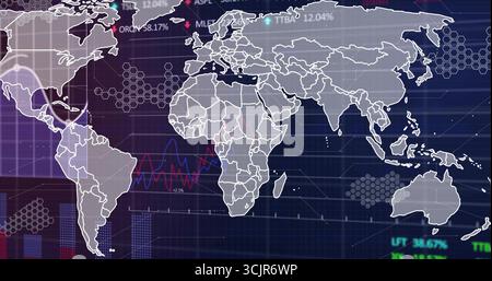 Showing world map outlines over dark dashboard with red-blue line and bar charts hexagon overlays Stock Photo