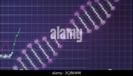Displaying stylized DNA double helix formed by pixels on violet grid UI, with colored line chart Stock Photo