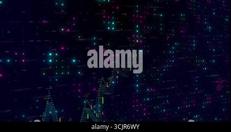 Displaying neon candlestick bars and wicks rising over dark virtual grid, with dotted mesh overlay Stock Photo