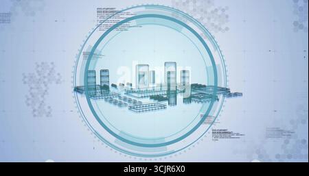 Wireframe city model floating within virtual UI, with HUD overlay, hex pattern and text annotations Stock Photo