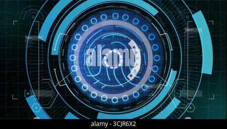 Displaying central biometric fingerprint icon rotating on virtual interface, with binary code rings Stock Photo