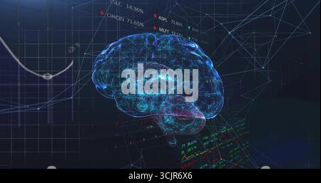Floating neon-blue holographic brain model glowing in grid with network nodes, percent data labels Stock Photo