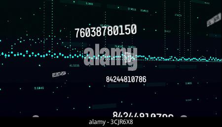 Streaming turquoise waveform fluctuating through data matrix, with numeric sequences and code Stock Photo