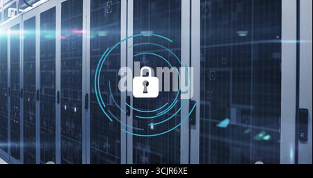 Padlock icon hovering over server racks in data center with visible cabling, enhancing security Stock Photo