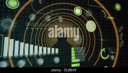 Showing silhouette in orange rings on dashboard with monthly chart, green bar chart and virus icons Stock Photo