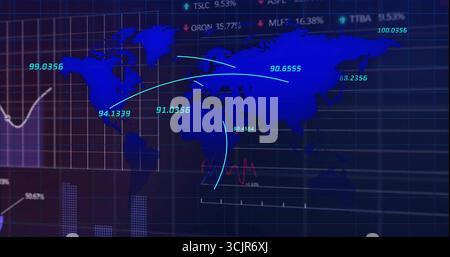 Displaying world map on monitor, featuring neon arcs, numeric labels, bar charts and stock ticker Stock Photo