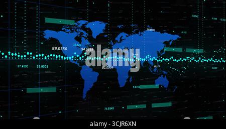 Displaying dashboard tracing turquoise data line over blue world map silhouette on digital display Stock Photo