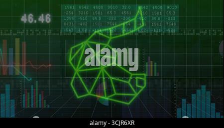Displaying neon green bull symbol hovering over grid floor, with tickers, bar charts, line graphs Stock Photo