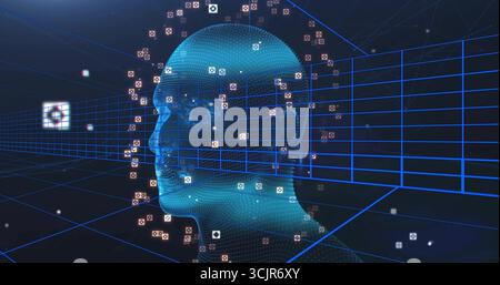 Digital mesh head glowing in virtual cyberspace, with floating square data icons and wireframe grid Stock Photo
