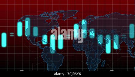 Displaying world map over red grid on digital screen, with turquoise bars and glowing equals signs Stock Photo