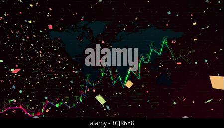 Displaying neon line chart rising over world map silhouette on UI with drifting shapes, data points Stock Photo