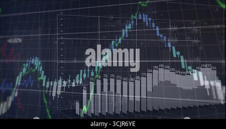 Displaying chart on screen, with green blue line graphs 3D bar chart value labels and waveforms Stock Photo