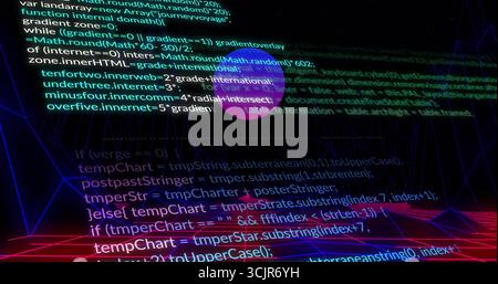 Displaying multicolored code snippets scrolling across cyberspace grid, with hovering purple sphere Stock Photo