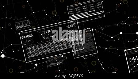Displaying data interface showing grid and numeric readouts in virtual data network, with panels Stock Photo