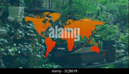 Displaying translucent orange world map overlay across greenhouse plant shelves, with potted bonsai Stock Photo