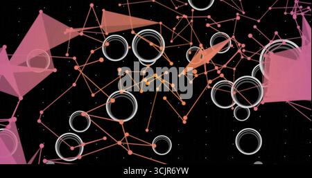 Displaying abstract network on screen, with colored nodes, white rings and translucent triangles Stock Photo