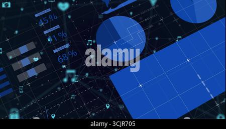 Rendering interface in dark grid, showing blue charts, blue block, 45%, 1%, 68% labels and icons Stock Photo
