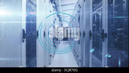 Displaying email shield icon floating in data center corridor, with server racks and cable trays Stock Photo