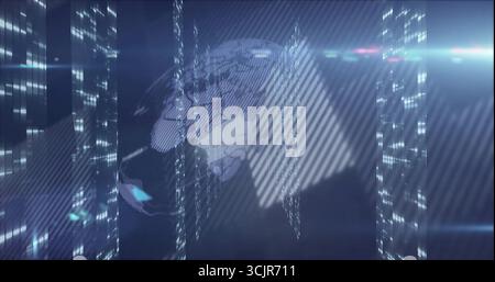 Rotating holographic globe of Earth within cyber control hub, with data towers and light streaks Stock Photo