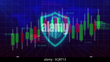 Projecting cyan shield icon hovering over virtual 3D grid, with candlestick bars and numeric data Stock Photo