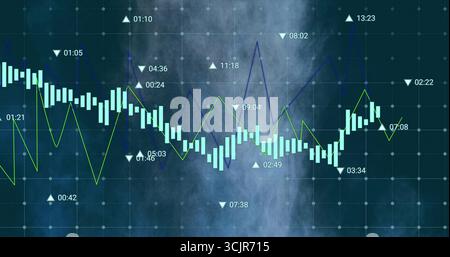 Displaying chart with candlestick bars on trading platform with green, blue lines and grid overlay Stock Photo