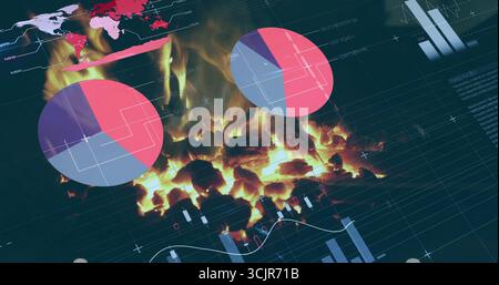Displaying burning charcoal embers overlaying charts on screen, with pie charts and line graphs Stock Photo