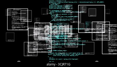 Floating translucent editor windows overlapping in dark interface, displaying white and teal code Stock Photo