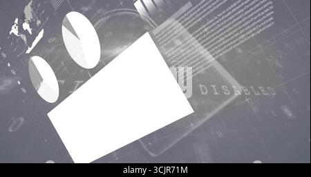 Displaying white tilted rectangle covering digital grid with world map, disabled text, light beams Stock Photo