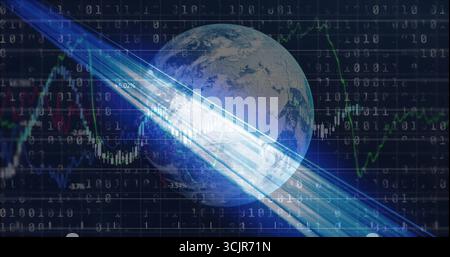 Displaying Earth globe over dark grid, with binary code, line charts and percentage annotations Stock Photo