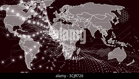 Displaying world map outline over burgundy screen, showing glowing data nodes, hex grid and lines Stock Photo