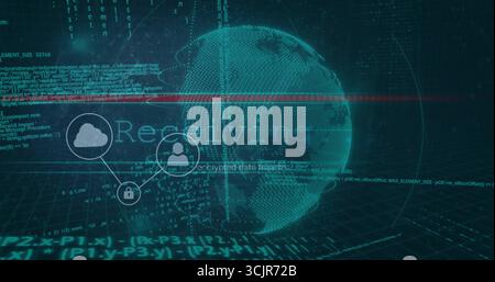 Displaying point-cloud globe with red line, network icons and code in cyberspace, resolving overlay Stock Photo