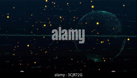 Displaying teal sphere filling right interface, with green waveform and yellow orbs, copy space Stock Photo