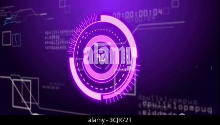 Displaying glowing purple HUD rings with numeric 91 readout on digital interface with code overlays Stock Photo