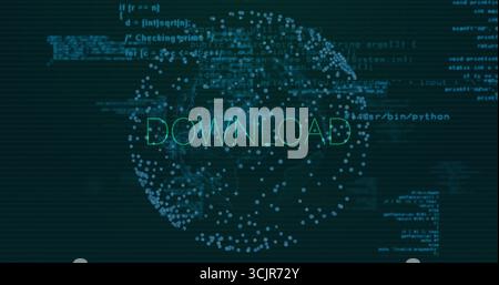 Displaying spherical network with glowing blue nodes in app dashboard, with DOWNLOAD text and code Stock Photo