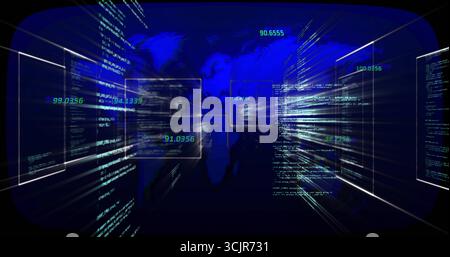 Floating world map silhouette drifting through code panels in visualization space, light streaks Stock Photo