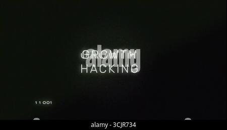Displaying glitch-style text GROWTH HACKING flickering on digital screen, with code 11 001 Stock Photo