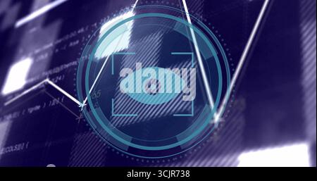 Displaying cyan eye icon in circular reticle scanning digital control panel, with scrolling code Stock Photo